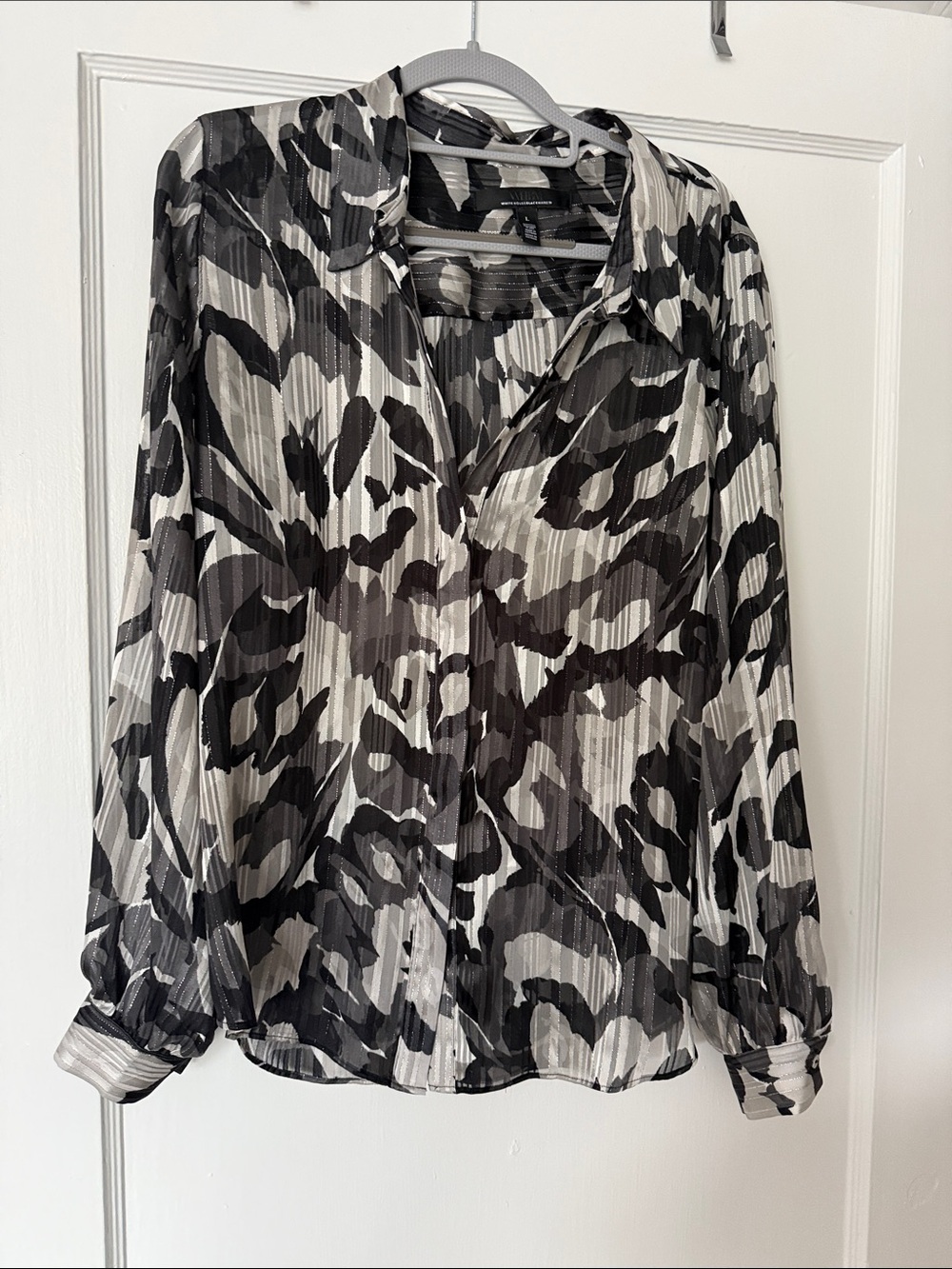 White House Black Market Black, White & Silver Pleated Button-Down Blouse